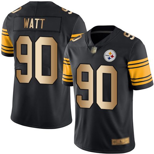 Men Pittsburgh Steelers Football #90 Limited Black Gold T J Watt Rush Vapor Untouchable Nike NFL Jersey->women nfl jersey->Women Jersey